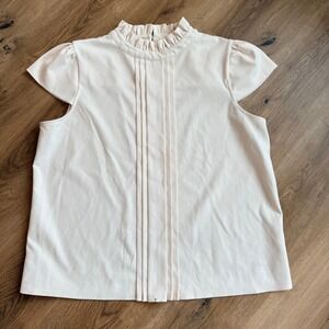 ANN TAYLOR Womens XL Off White Ruffle Neck Pleated Cap Sleeve Blouse Top